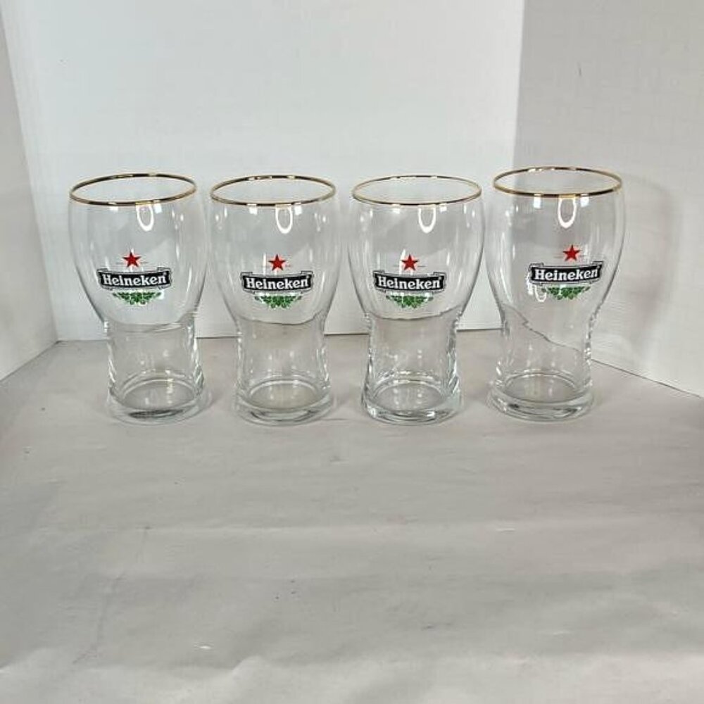 Heineken Beer Glasses Set of 4 Vintage Gold Rim red star tulip Half-Pint (10 oz)
